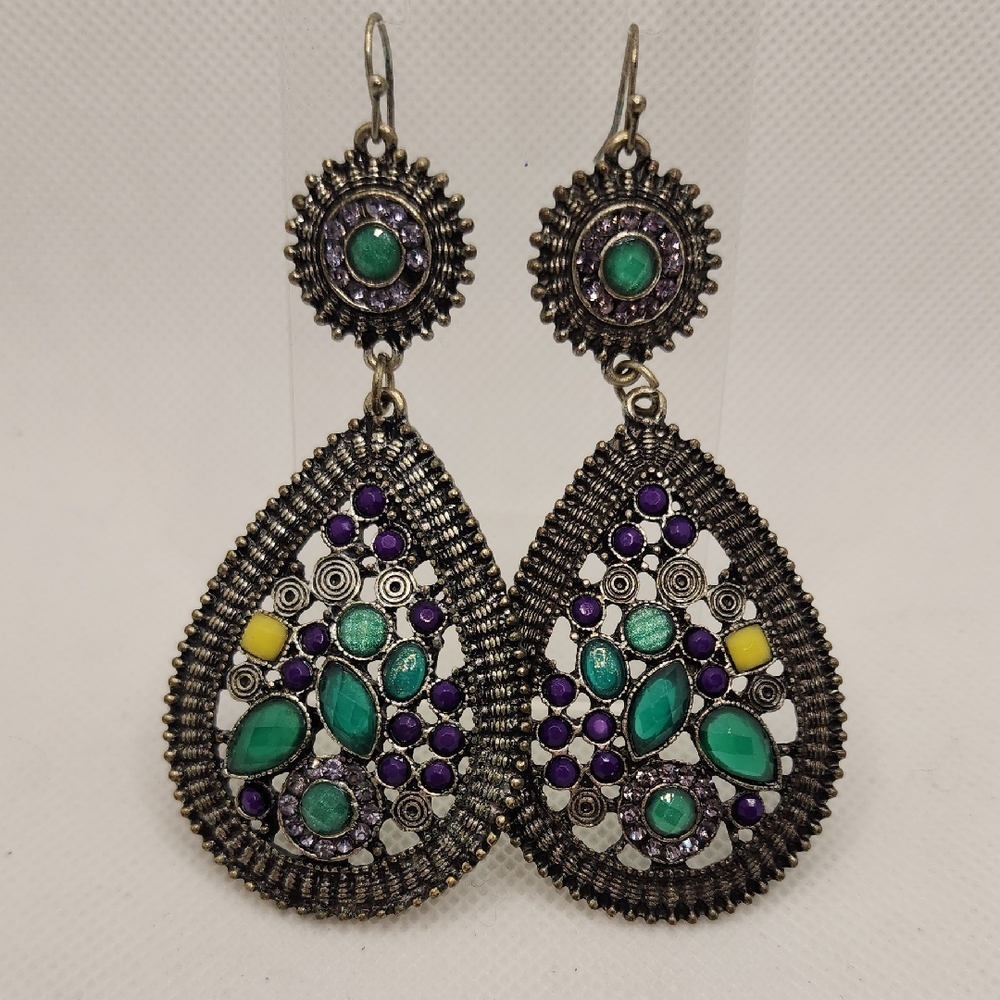 Elegant Teardrop Earrings with Green and Purple Accents